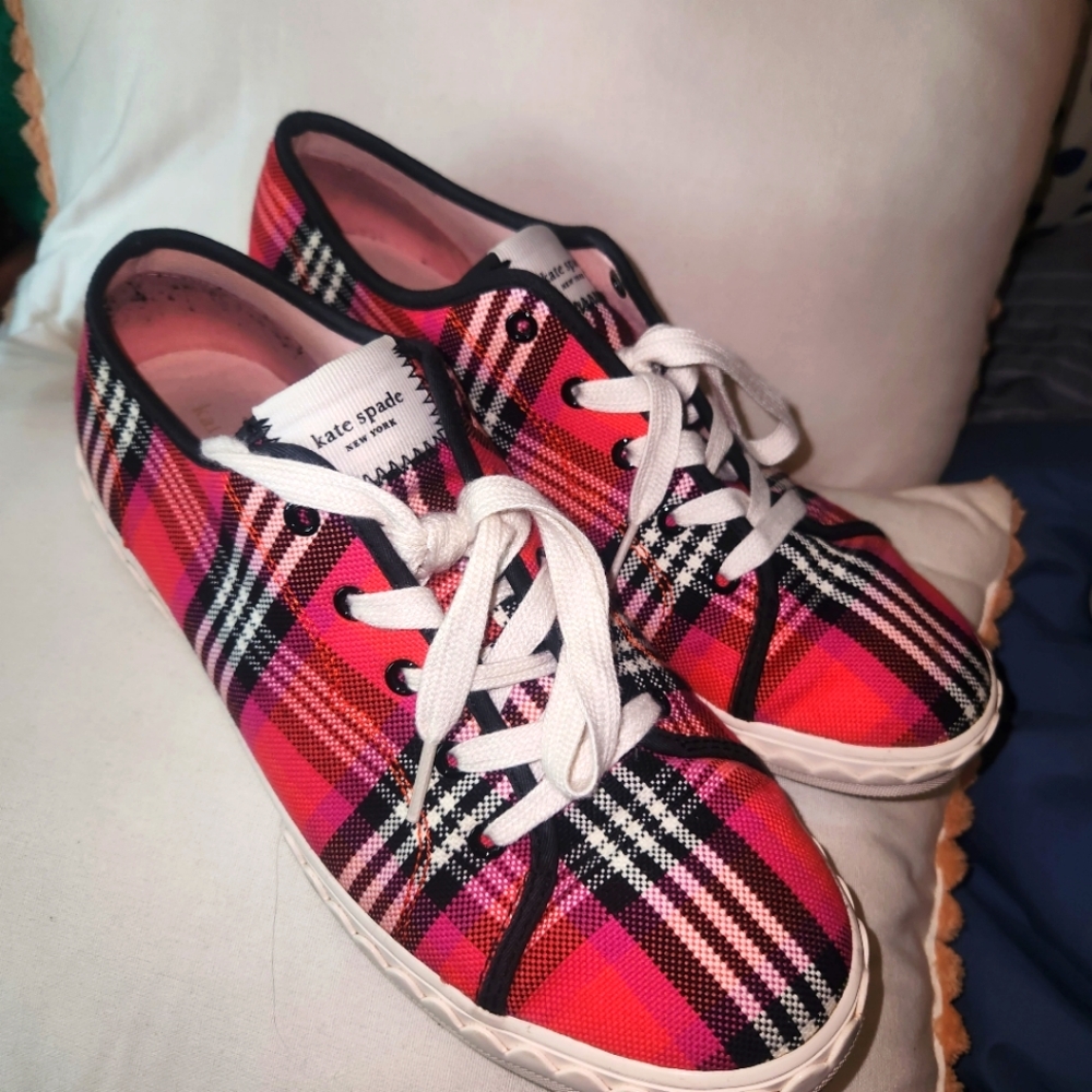 kate spade sneakers. Red, pink, black and white plaid. Worn a handful of times.